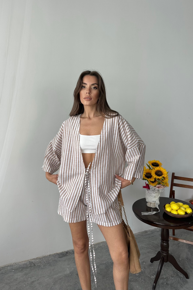 Ello Beige Oversized Gestreepte Set Met Striksluiting Groothandel Kleding Casual