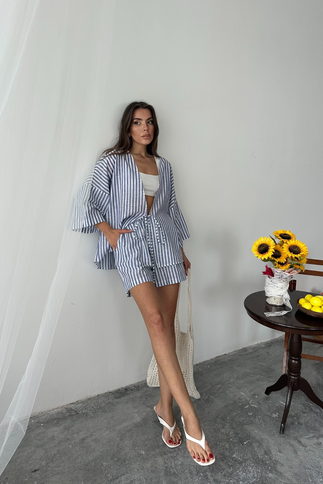 Ello Ensemble Bleu Décontracté Rayé Bermuda Vêtements en gros Décontracté