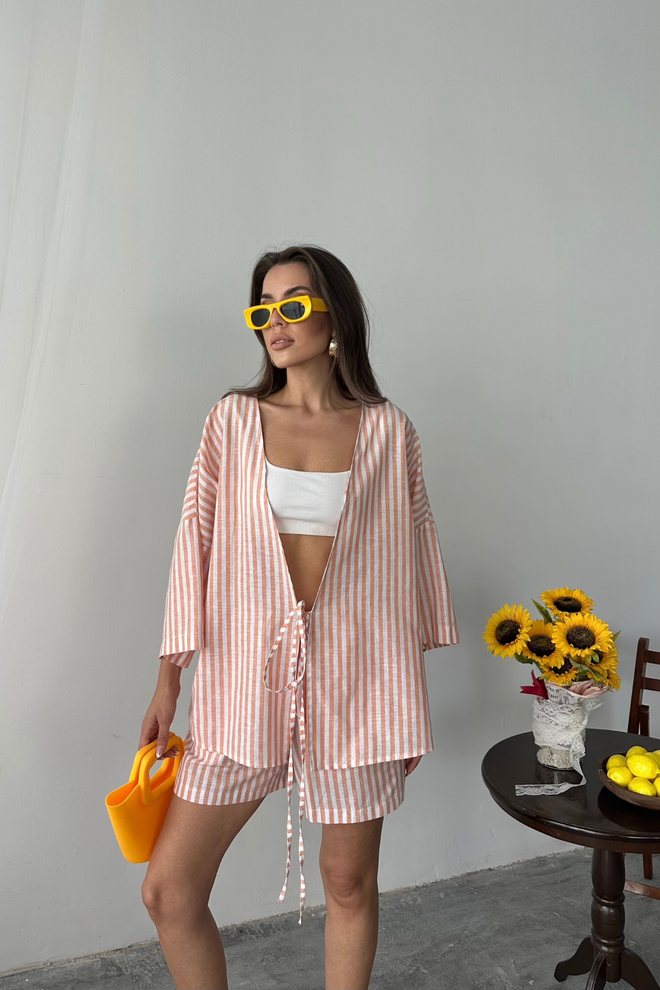 Ello Bež Oversized Prugasti Set S Vezicom Veleprodaja odjeće Ležerni