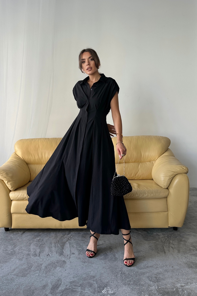 Ello Κομψό Μαύρο Fit And Flare Μάξι Φόρεμα Χονδρικό εμπόριο ενδυμάτων Casual