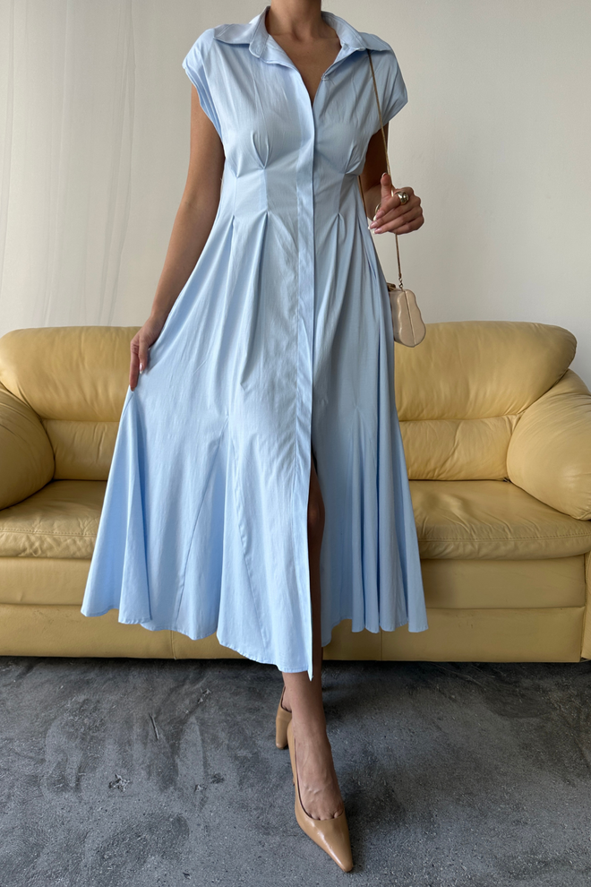 Ello Blue Elegant Shirt Dress With Cap Sleeves Wholesale Clothing 1