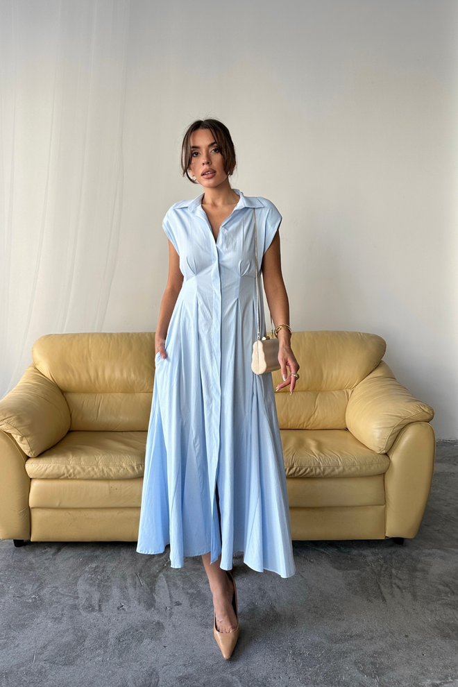 Ello Blue Elegant Shirt Dress With Cap Sleeves Wholesale Clothing Casual