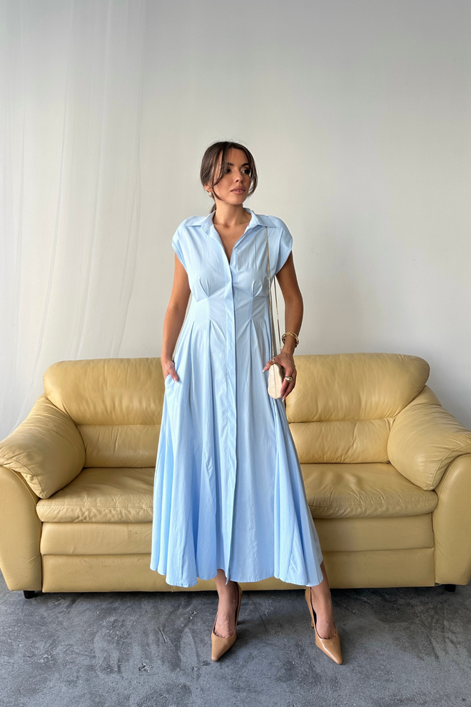 Ello Blue Elegant Shirt Dress With Cap Sleeves Wholesale Clothing Spring