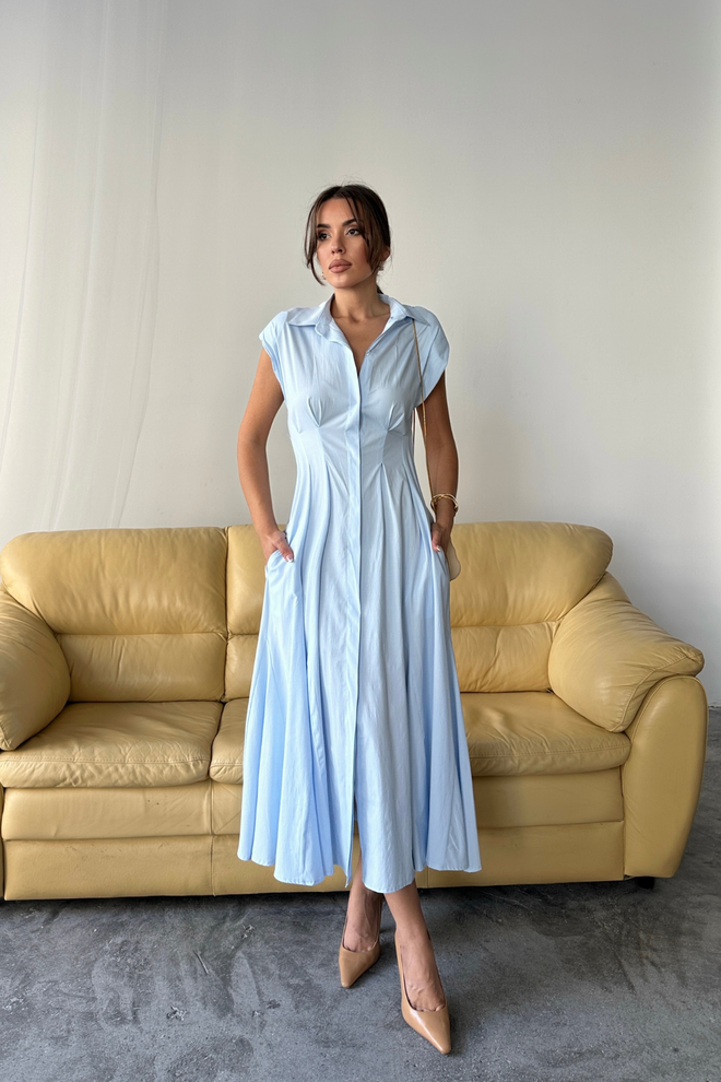 Ello Blue Elegant Shirt Dress With Cap Sleeves Wholesale Clothing Formal