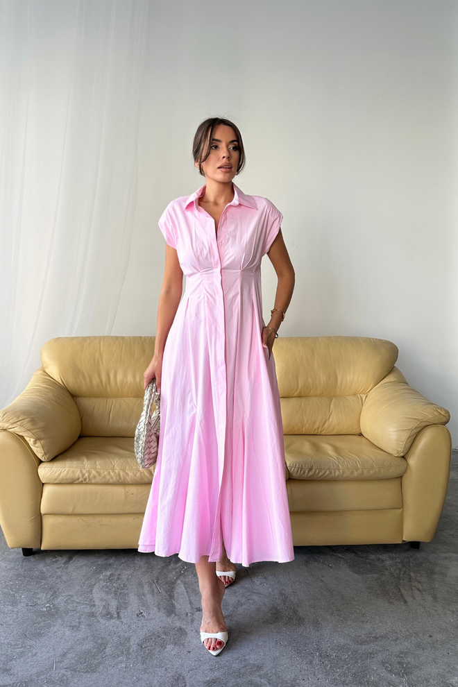 Ello Elegant Pink Midi Shirt Dress With Cap Sleeves Wholesale Clothing Casual