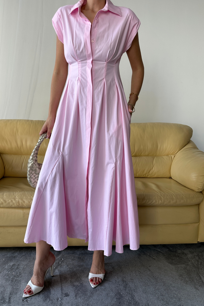 Ello Elegant Pink Midi Shirt Dress With Cap Sleeves Wholesale Clothing 1