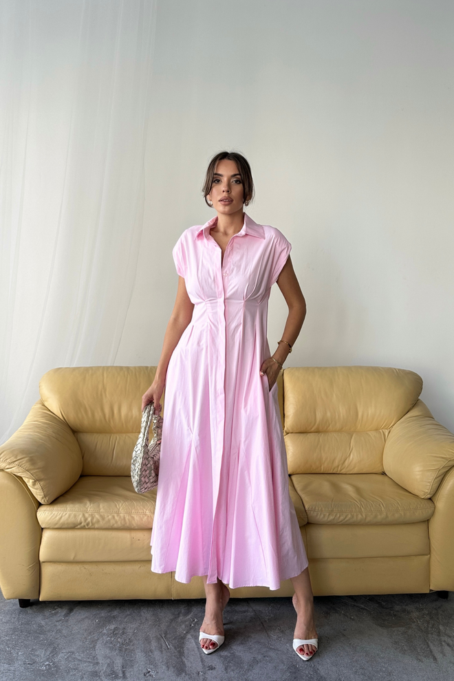 Ello Elegant Pink Midi Shirt Dress With Cap Sleeves Wholesale Clothing Spring
