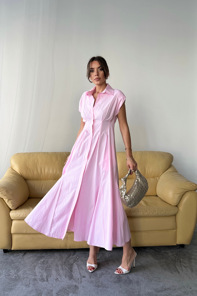 Ello Elegant Pink Midi Shirt Dress With Cap Sleeves Wholesale Clothing Work