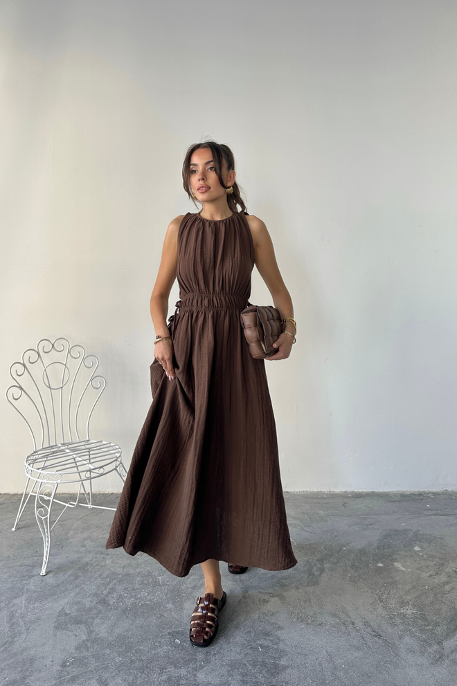 Ello Brown A Line Midi Dress With Cap Sleeve Round Neck Wholesale Clothing Beach