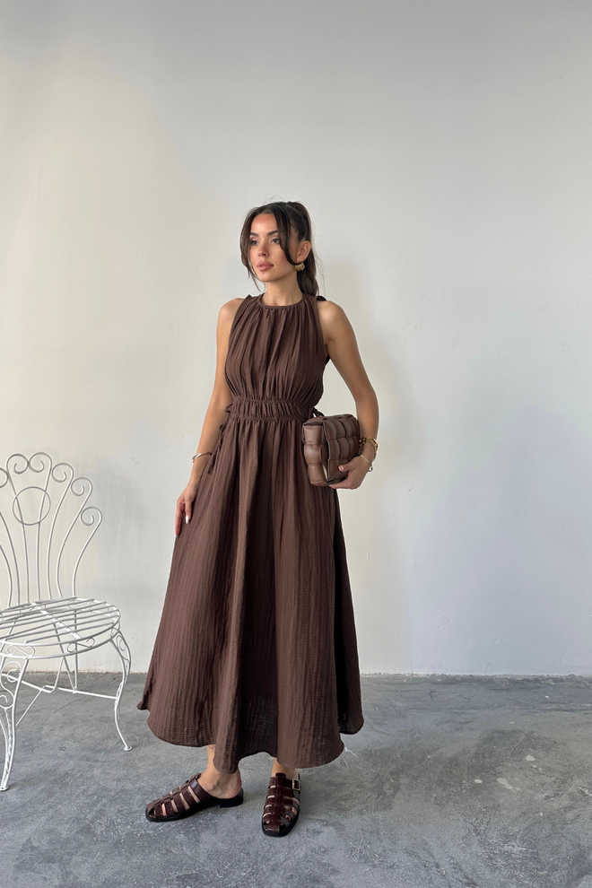 Ello Brown A Line Midi Dress With Cap Sleeve Round Neck Wholesale Clothing Formal