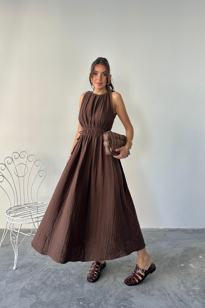 Ello Vestido Marrón Midi Corte Línea A Con Manga Casquillo Y Cuello Redondo Ropa al por mayor Casual