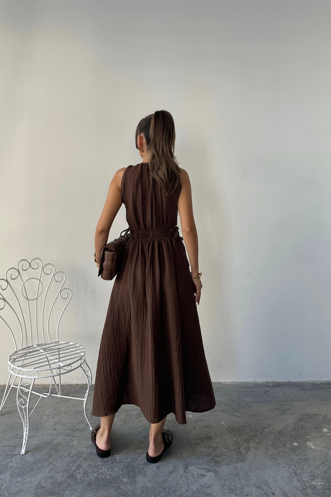 Ello Brown A Line Midi Dress With Cap Sleeve Round Neck Wholesale Clothing 5