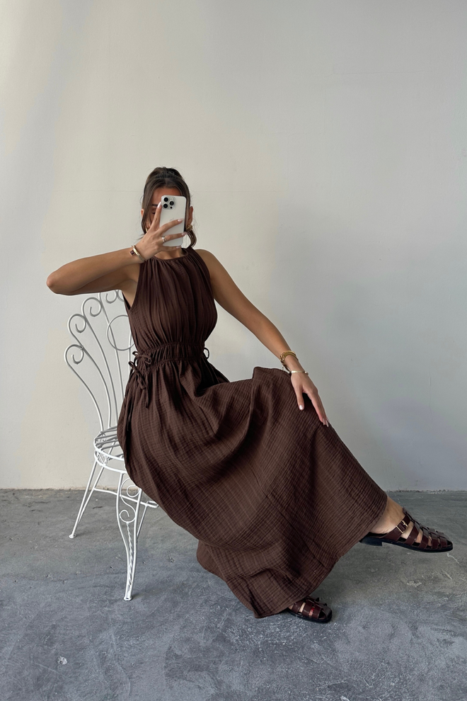 Ello Brown A Line Midi Dress With Cap Sleeve Round Neck Wholesale Clothing Spring