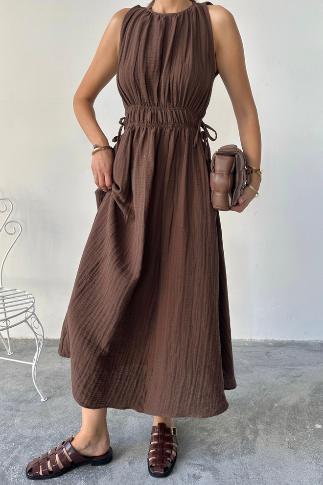 Ello Brown A Line Midi Dress With Cap Sleeve Round Neck Wholesale Clothing 1