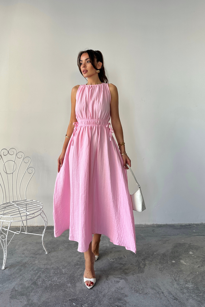 Ello Pink A Line Sleeveless Midi Dress With Cap Sleeves And Round Neck Wholesale Clothing Spring