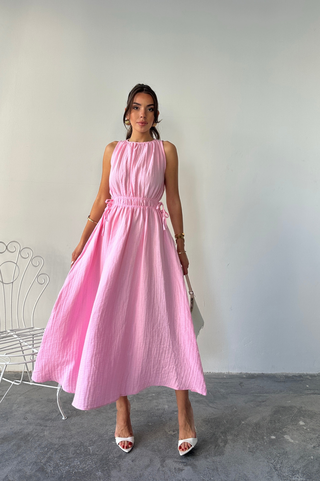 Ello Pink A Line Sleeveless Midi Dress With Cap Sleeves And Round Neck Wholesale Clothing 1