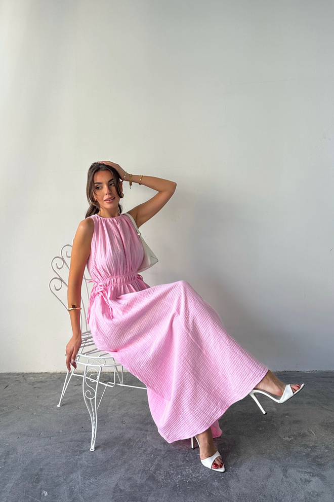 Ello Vestido Rosa Línea A Sin Mangas Midi Con Mangas Casquillo Y Cuello Redondo Ropa al por mayor Modesto