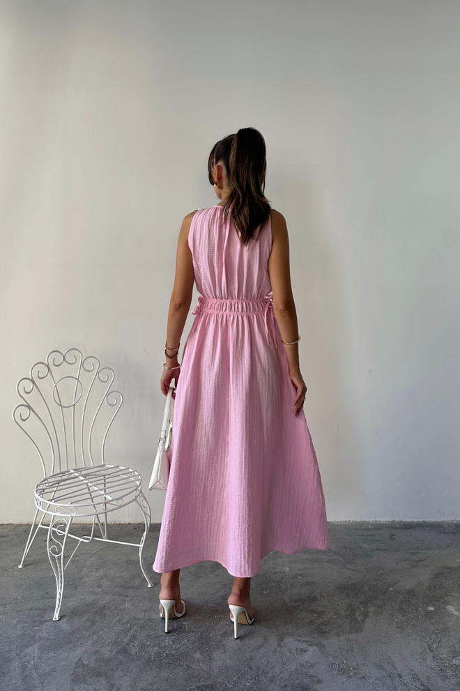 Ello Pink A Line Sleeveless Midi Dress With Cap Sleeves And Round Neck Wholesale Clothing 5