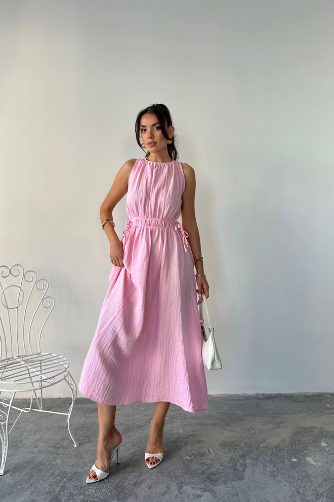 Ello Pink A Line Sleeveless Midi Dress With Cap Sleeves And Round Neck Wholesale Clothing Casual