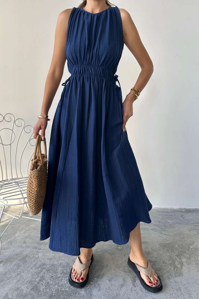 Ello Navy Blue A Line Maxi Dress With Cap Sleeves Wholesale Clothing Beach