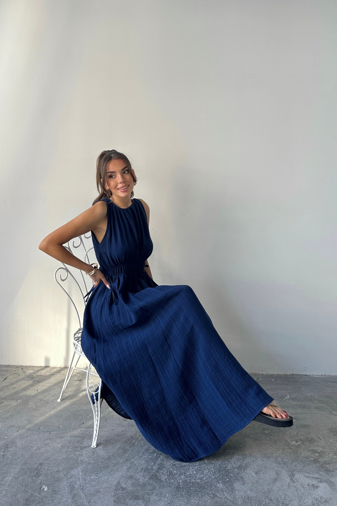 Ello Navy Blue A Line Maxi Dress With Cap Sleeves Wholesale Clothing 1