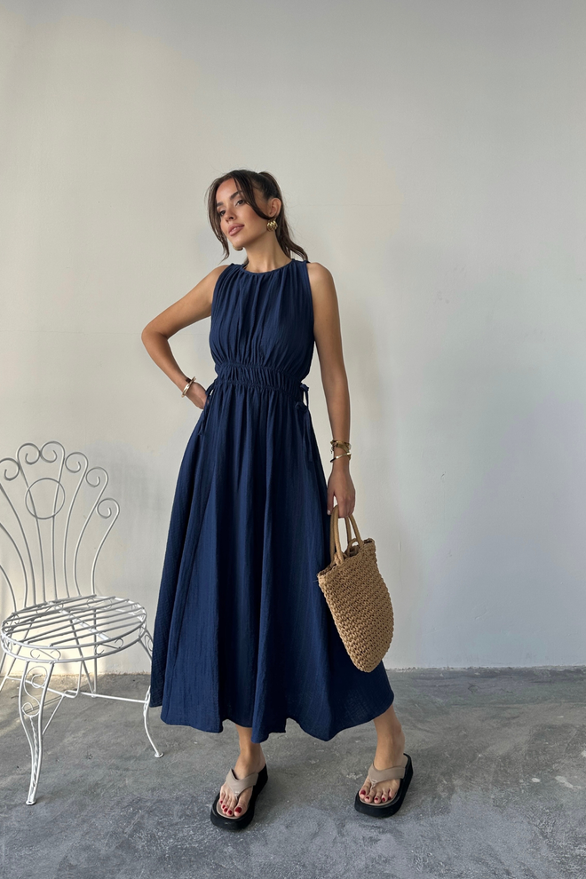 Ello Navy Blue A Line Maxi Dress With Cap Sleeves Wholesale Clothing Spring