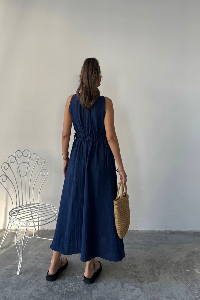 Ello Navy Blue A Line Maxi Dress With Cap Sleeves Wholesale Clothing 5