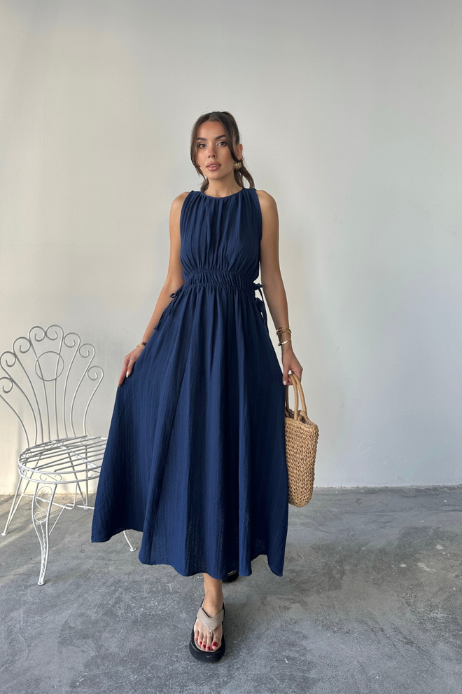 Ello Vestido Maxi Azul Marino Línea A Con Mangas Capa Ropa al por mayor Modesto