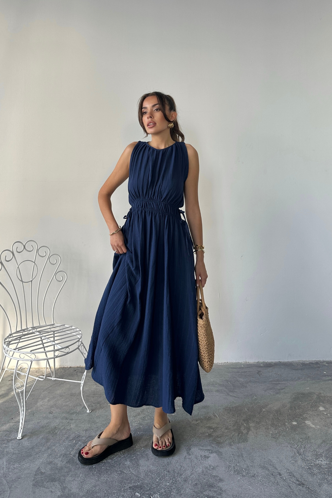 Ello Navy Blue A Line Maxi Dress With Cap Sleeves Wholesale Clothing Casual