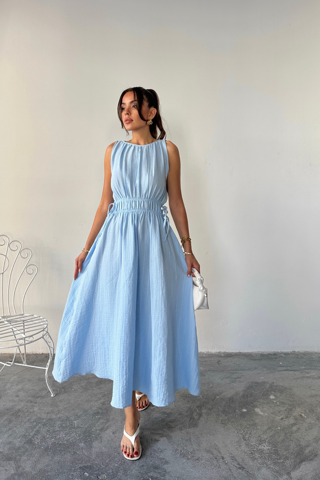 Ello Blue A Line Midi Dress With Cap Sleeves Wholesale Clothing Casual