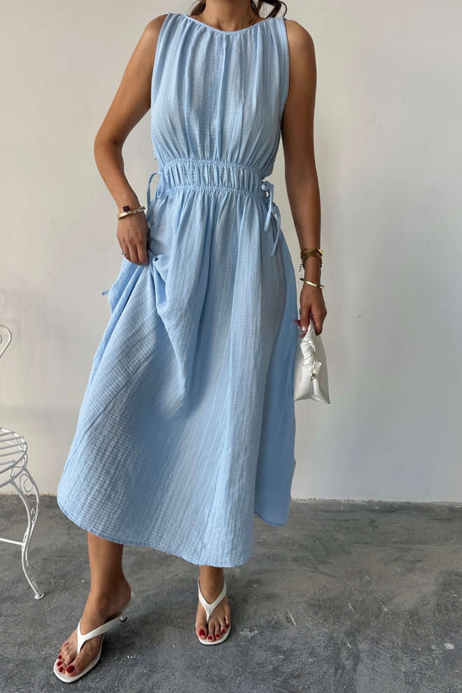 Ello Blue A Line Midi Dress With Cap Sleeves Wholesale Clothing 1