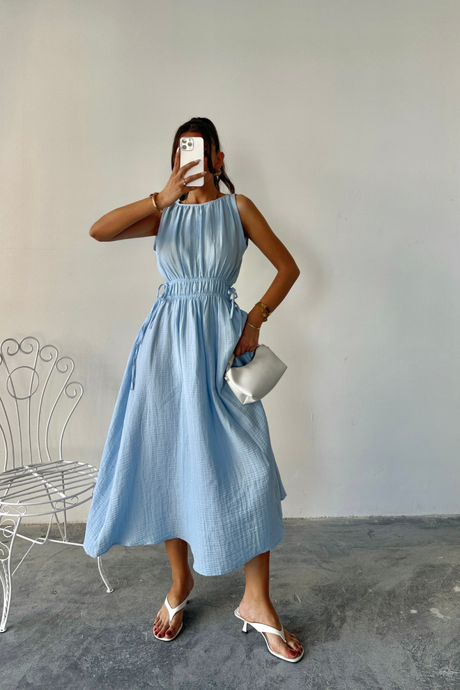 Ello Blue A Line Midi Dress With Cap Sleeves Wholesale Clothing Beach