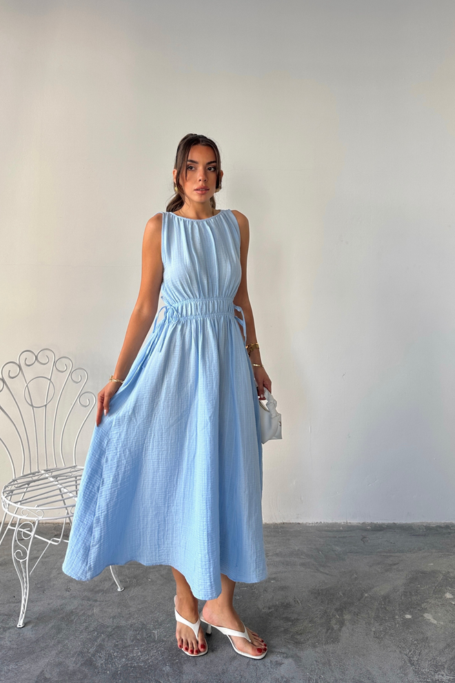 Ello Blue A Line Midi Dress With Cap Sleeves Wholesale Clothing Spring