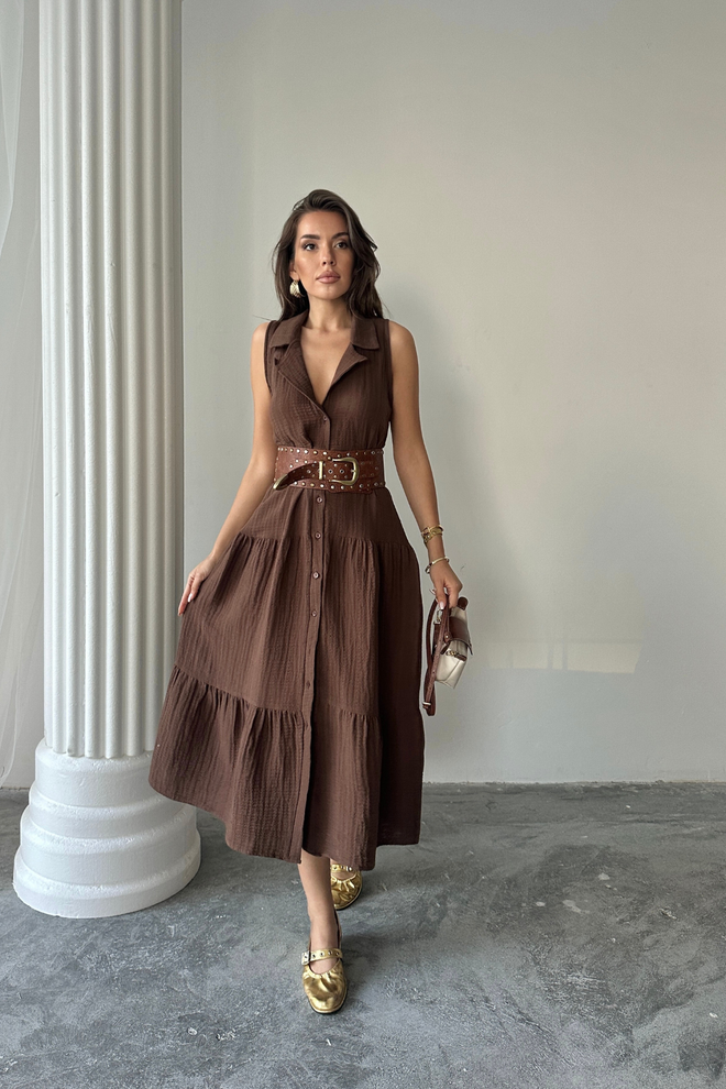 Ello Brown Sleeveless Shirt Midi Dress With Notched Neck Wholesale Clothing 1
