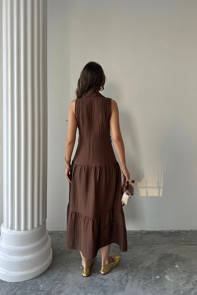 Ello Brown Sleeveless Shirt Midi Dress With Notched Neck Wholesale Clothing Formal