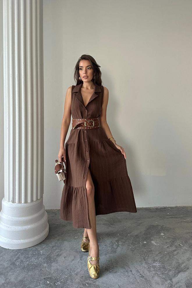 Ello Brown Sleeveless Shirt Midi Dress With Notched Neck Wholesale Clothing Lounge