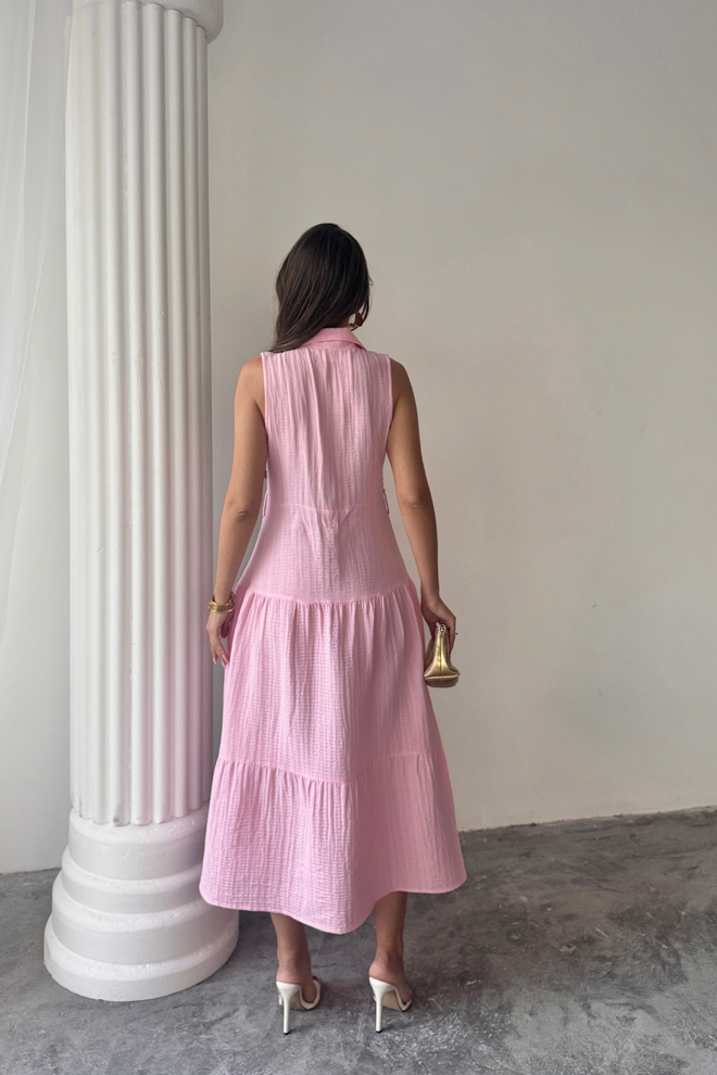 Ello Pink Midi Shirt Dress With Notched Neck And Cap Sleeves Wholesale Clothing Sexy