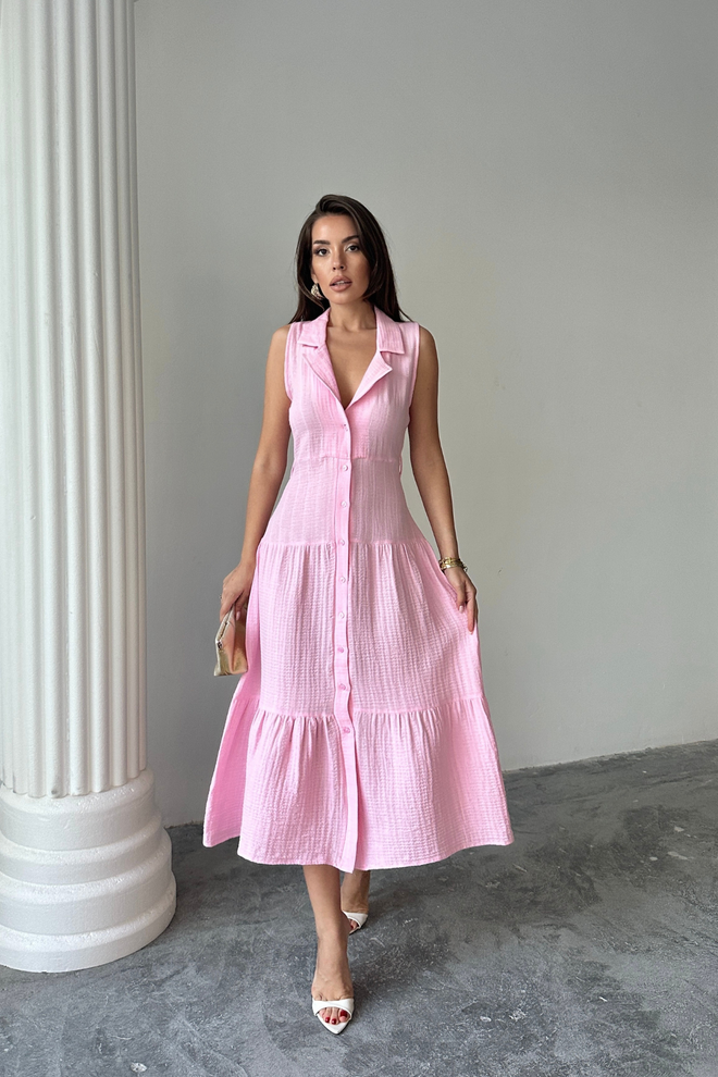 Ello Pink Midi Shirt Dress With Notched Neck And Cap Sleeves Wholesale Clothing Work