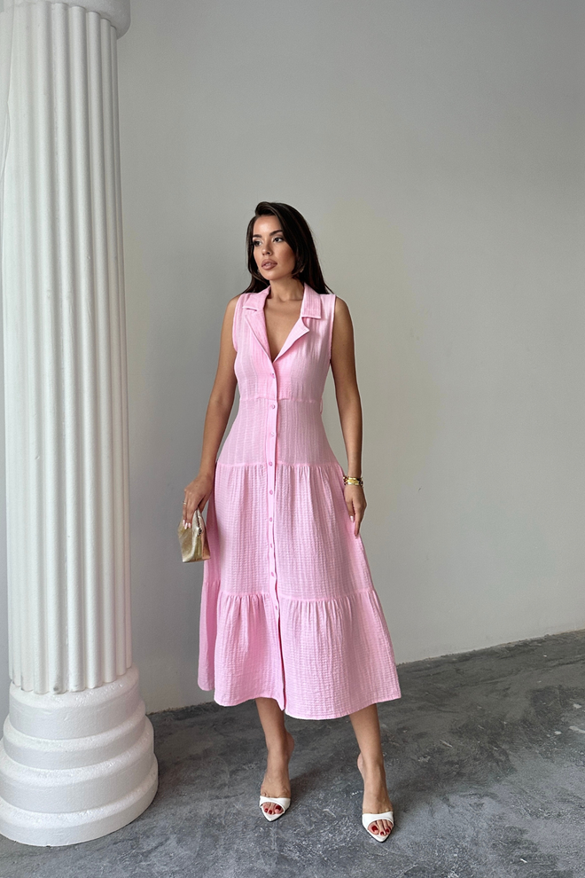 Ello Pink Midi Shirt Dress With Notched Neck And Cap Sleeves Wholesale Clothing Spring
