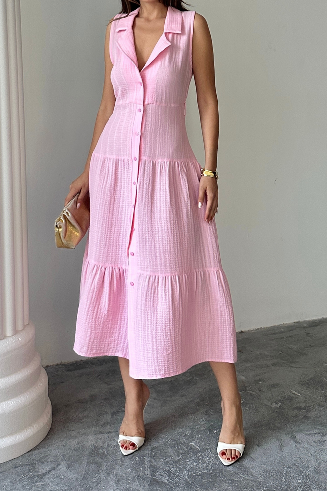 Ello Pink Midi Shirt Dress With Notched Neck And Cap Sleeves Wholesale Clothing 1