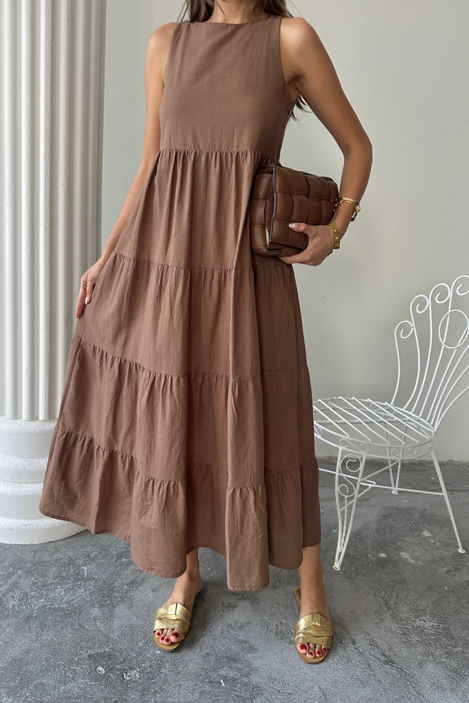 Ello Brown Fit And Flare Dress With Cap Sleeves Wholesale Clothing 1