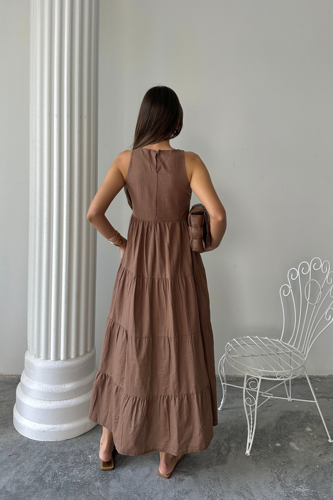 Ello Brown Fit And Flare Dress With Cap Sleeves Wholesale Clothing Spring