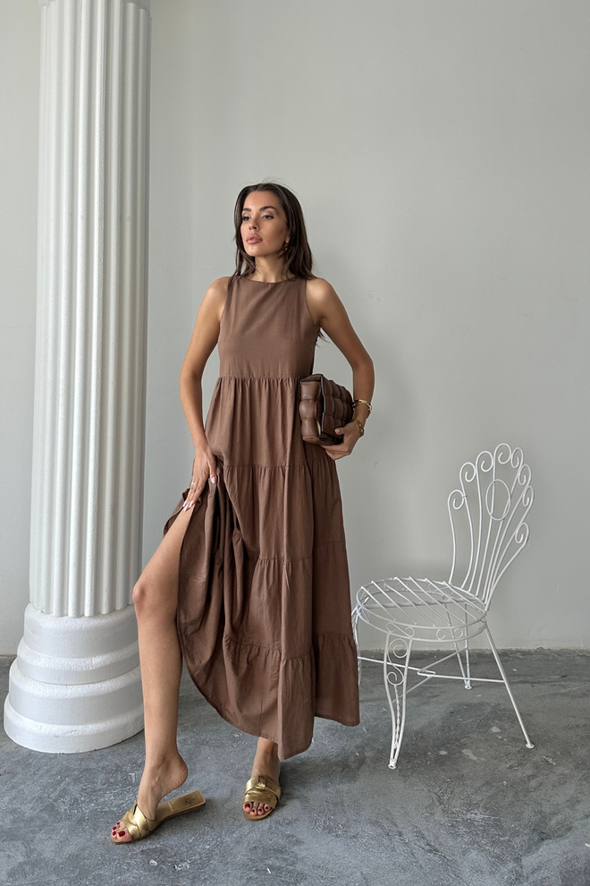 Ello Smeđa Zvonolika Haljina S Jako Kratkim Rukavima Veleprodaja odjeće Skroman