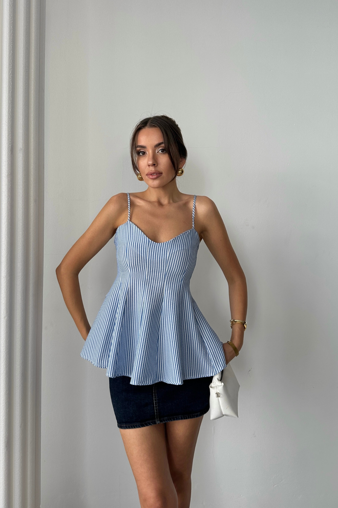 Ello Blusa Azul A Rayas Ajustada Sin Mangas Con Escote En Corazón Ropa al por mayor Casual