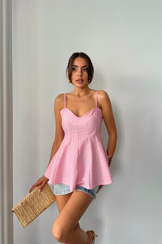 Ello Blusa Rosa A Rayas Sin Mangas Entallada Con Cuello En Forma De Corazón Ropa al por mayor Casual