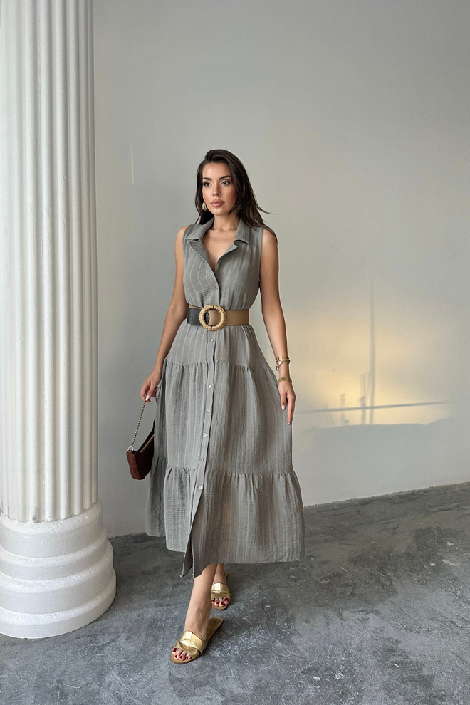Ello Grey Striped Sleeveless Shirt Dress Midi Wholesale Clothing Lounge