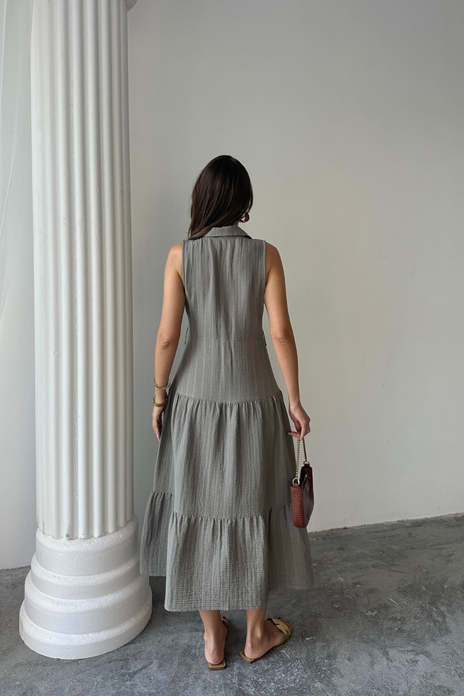 Ello Grey Striped Sleeveless Shirt Dress Midi Wholesale Clothing Spring