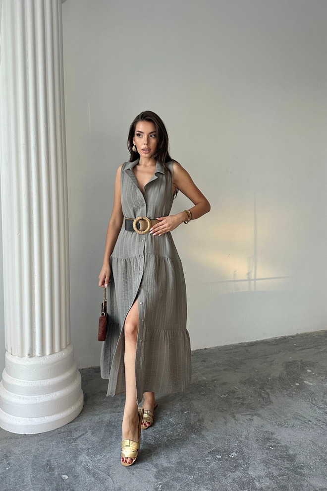 Ello Grey Striped Sleeveless Shirt Dress Midi Wholesale Clothing 1