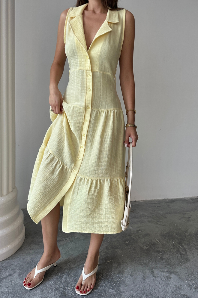 Ello Жълта Небрежна Елегантна Бохо Официална Рокля Тип Риза Дрехи на едро Свободно време