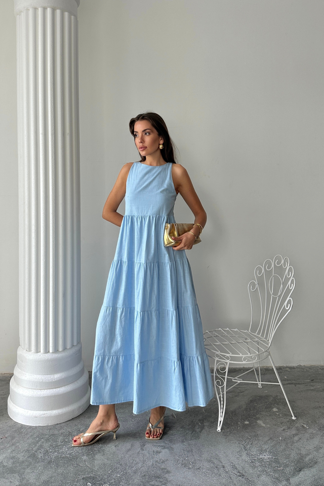 Ello Blue A Line Maxi Dress With Cap Sleeves Wholesale Clothing Lounge